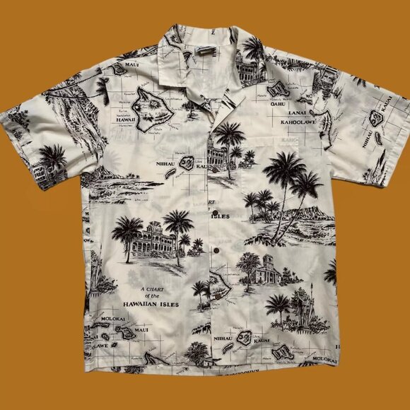 Vintage Hawaiian Shirt / Aloha Shirt ~ Illustrated Map of Hawaiian Islands LARGE - Picture 1 of 6